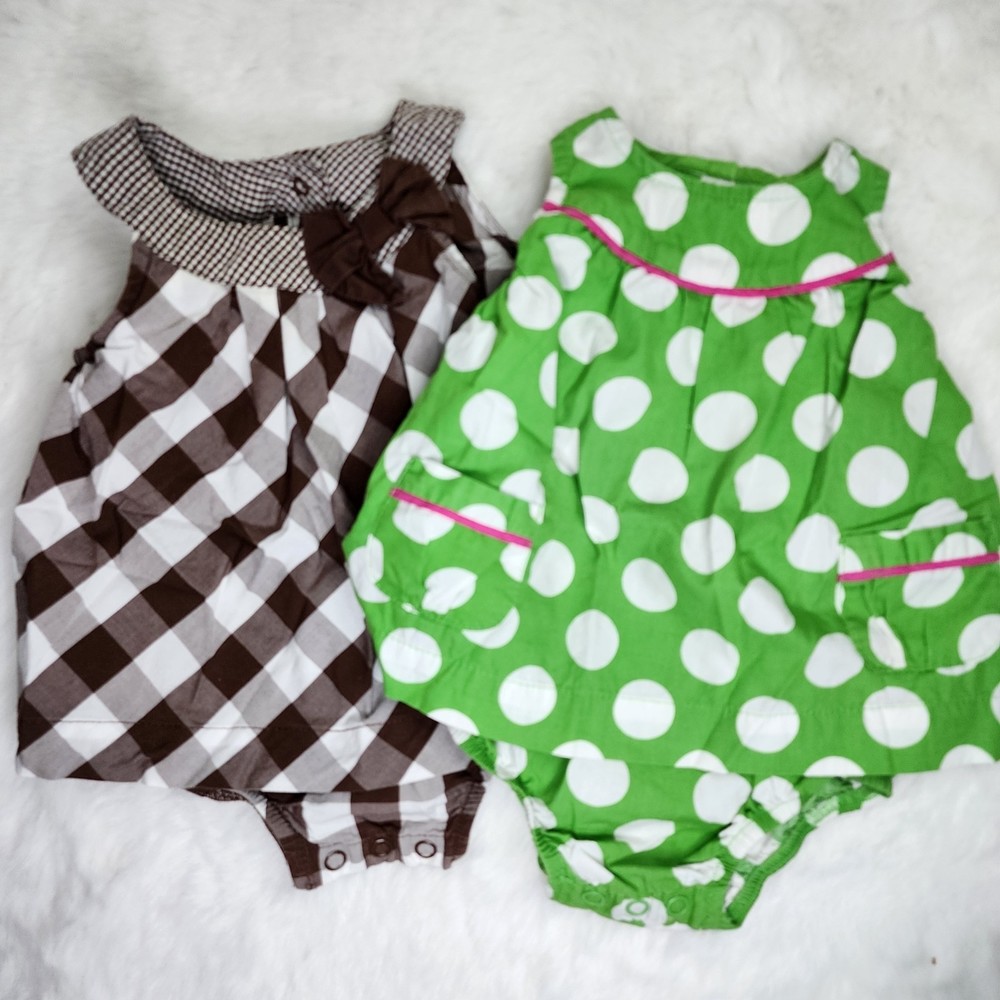 3/$20 Carter's Brown & White Gingham and Green Polka Dot Baby One-Piece Set